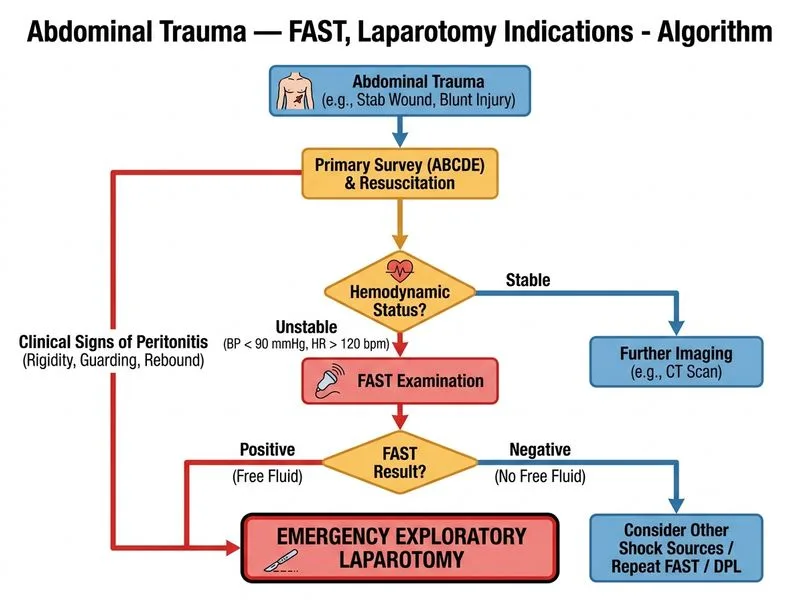 Abdominal Trauma — FAST, Laparotomy Indications diagram