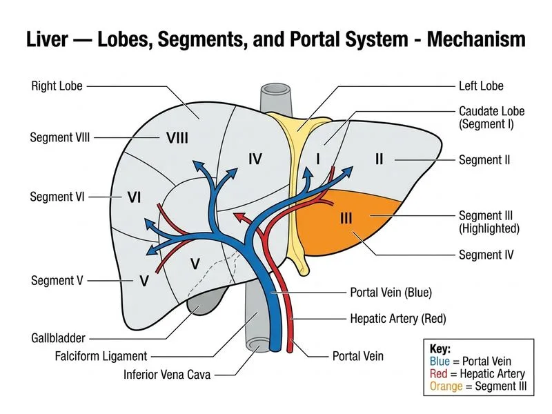 Liver — Lobes, Segments, and Portal System diagram