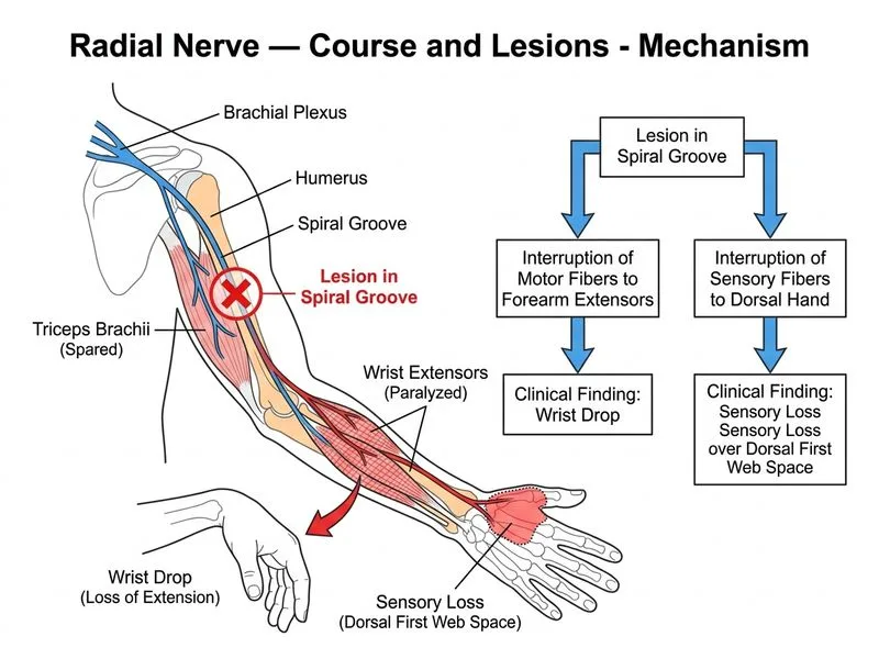 Radial Nerve — Course and Lesions diagram