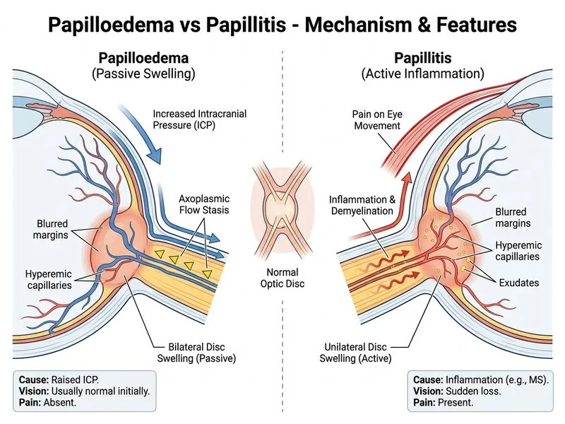 Papilloedema vs Papillitis diagram