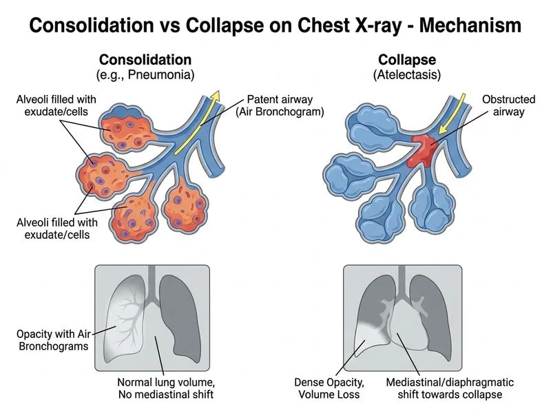 Consolidation vs Collapse on Chest X-ray diagram