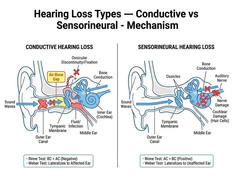Hearing Loss Types — Conductive vs Sensorineural diagram