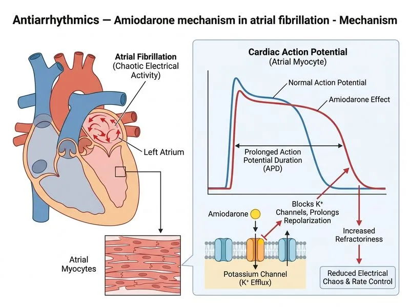 Antiarrhythmics — Amiodarone mechanism in atrial fibrillation diagram