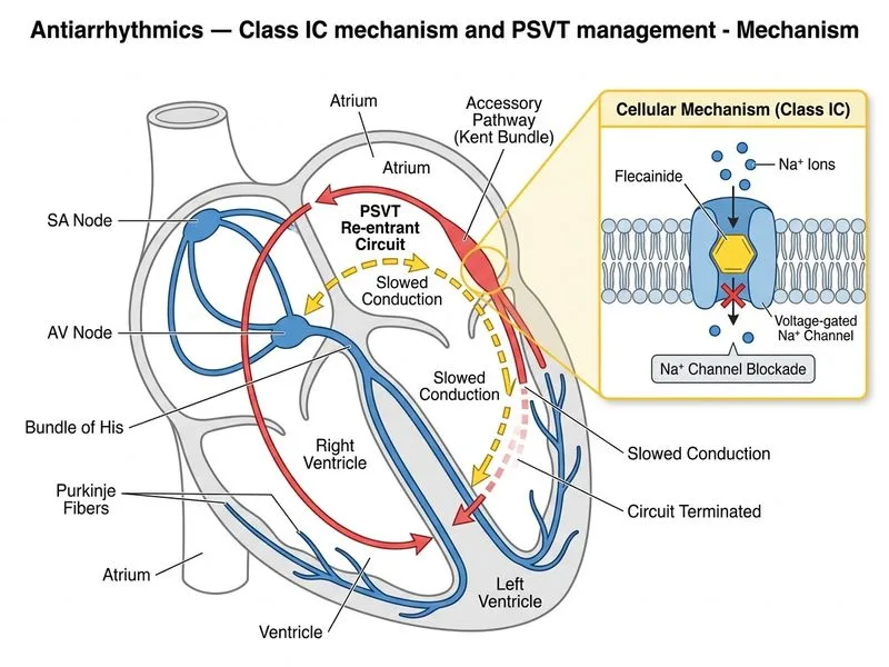 Antiarrhythmics — Class IC mechanism and PSVT management diagram