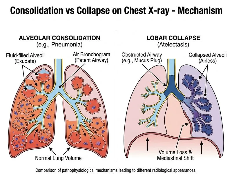 Consolidation vs Collapse on Chest X-ray diagram