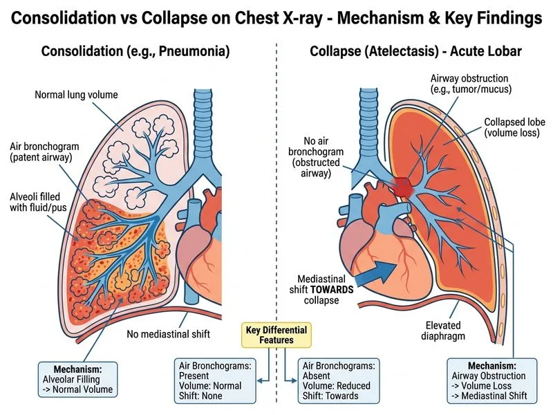 Consolidation vs Collapse on Chest X-ray diagram