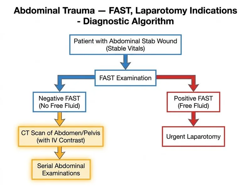 Abdominal Trauma — FAST, Laparotomy Indications diagram