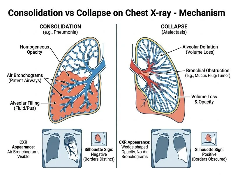 Consolidation vs Collapse on Chest X-ray diagram