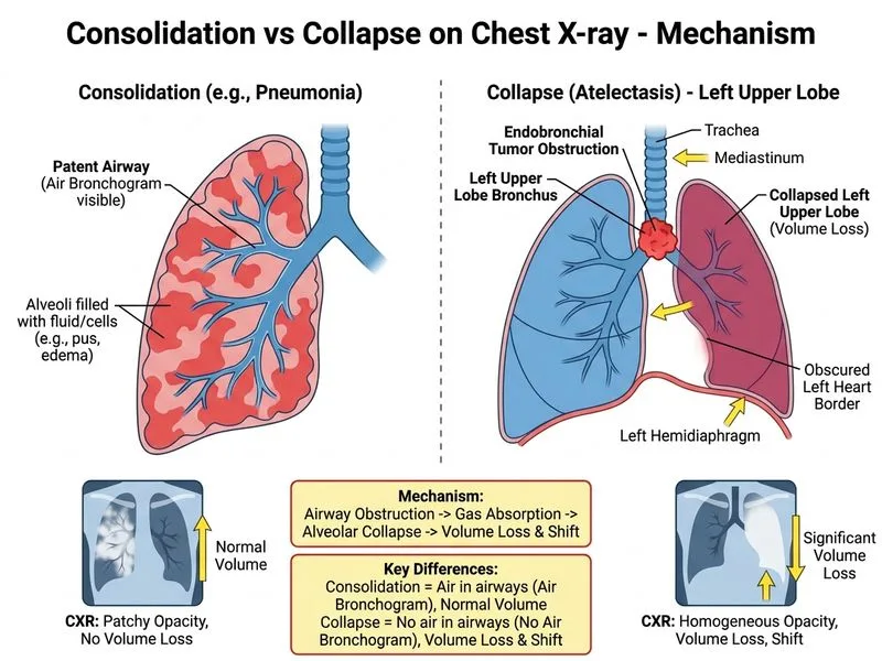 Consolidation vs Collapse on Chest X-ray diagram