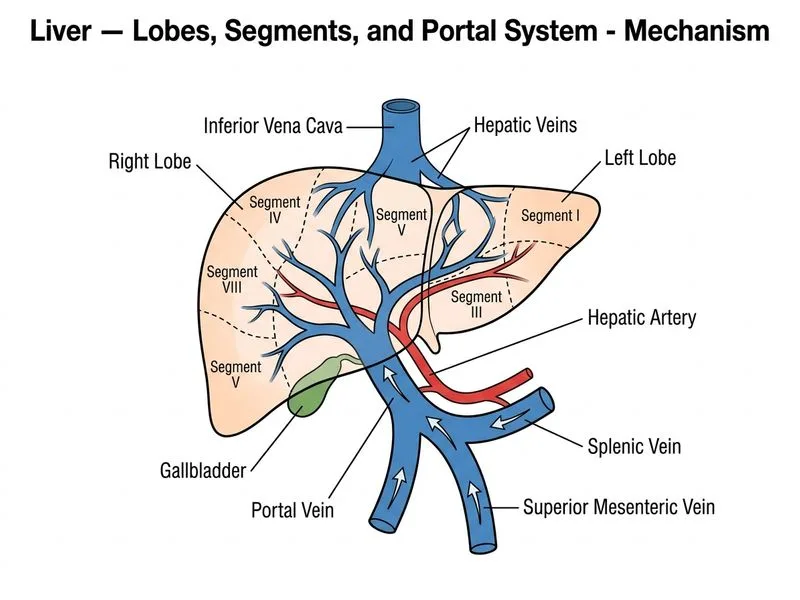 Liver — Lobes, Segments, and Portal System diagram