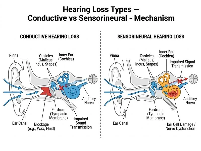 Hearing Loss Types — Conductive vs Sensorineural diagram
