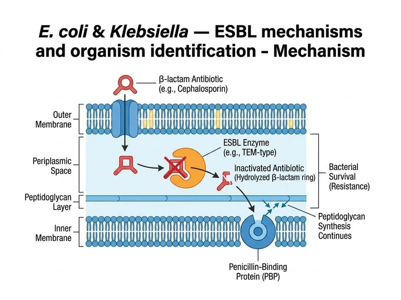 E. coli & Klebsiella — ESBL mechanisms and organism identification diagram