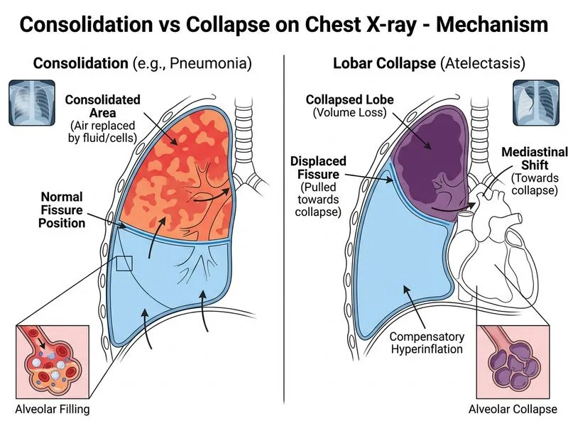 Consolidation vs Collapse on Chest X-ray diagram