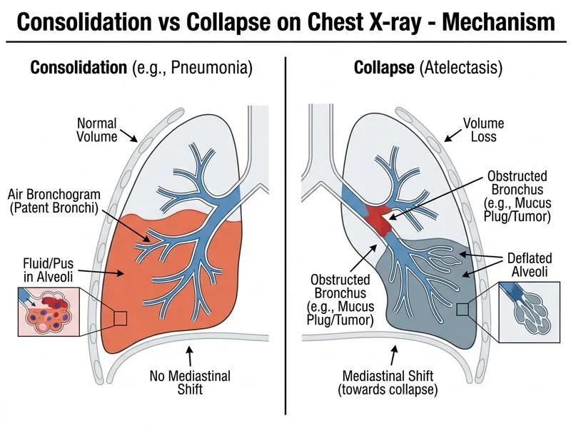 Consolidation vs Collapse on Chest X-ray diagram