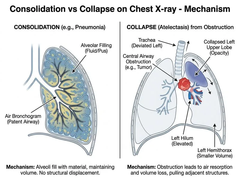 Consolidation vs Collapse on Chest X-ray diagram