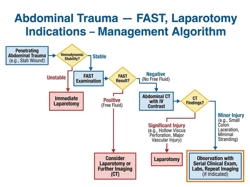 Abdominal Trauma — FAST, Laparotomy Indications diagram