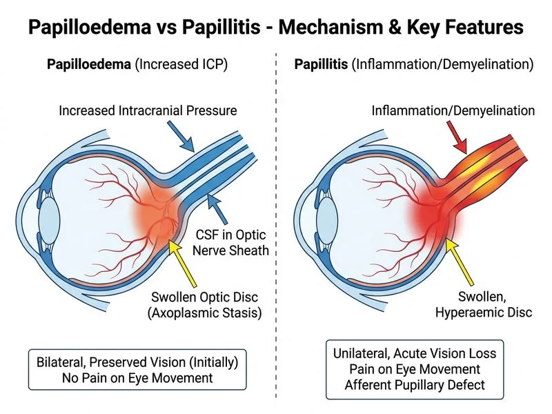 Papilloedema vs Papillitis diagram