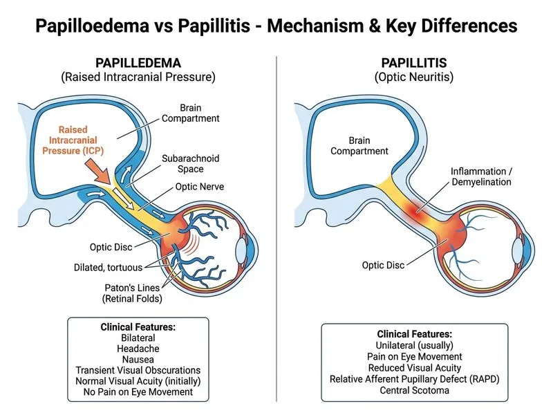 Papilloedema vs Papillitis diagram