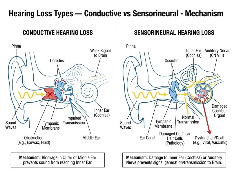 Hearing Loss Types — Conductive vs Sensorineural diagram