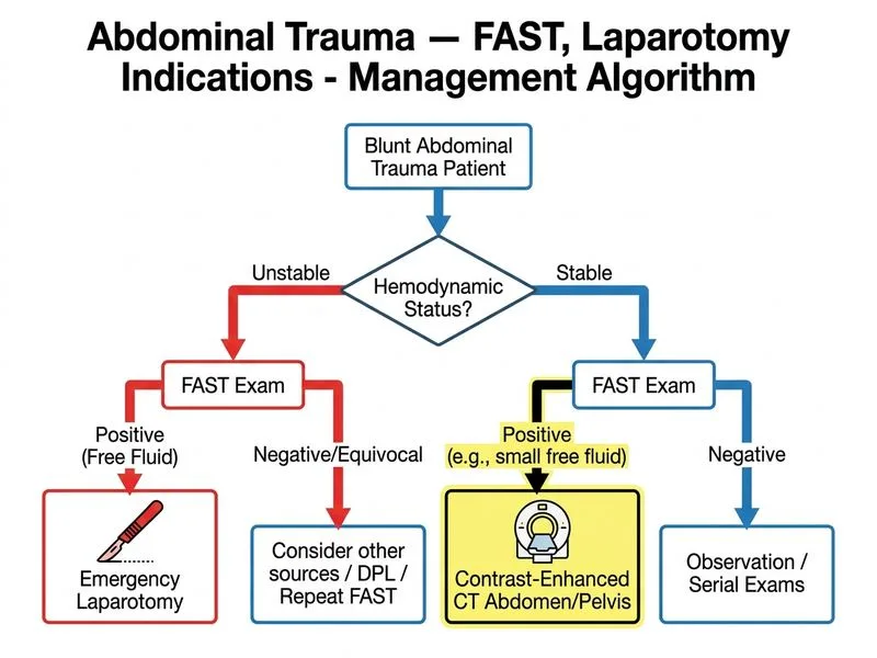 Abdominal Trauma — FAST, Laparotomy Indications diagram