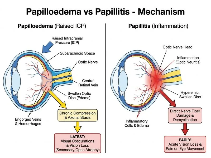 Papilloedema vs Papillitis diagram