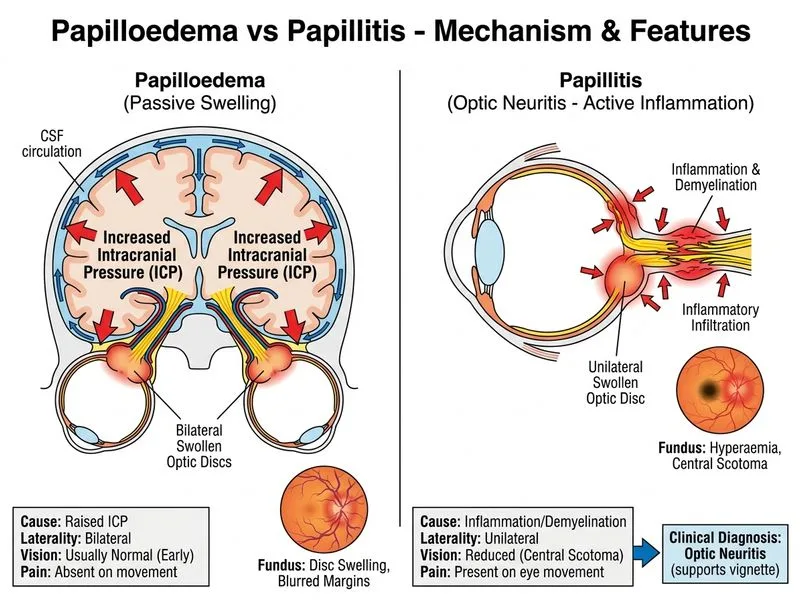 Papilloedema vs Papillitis diagram