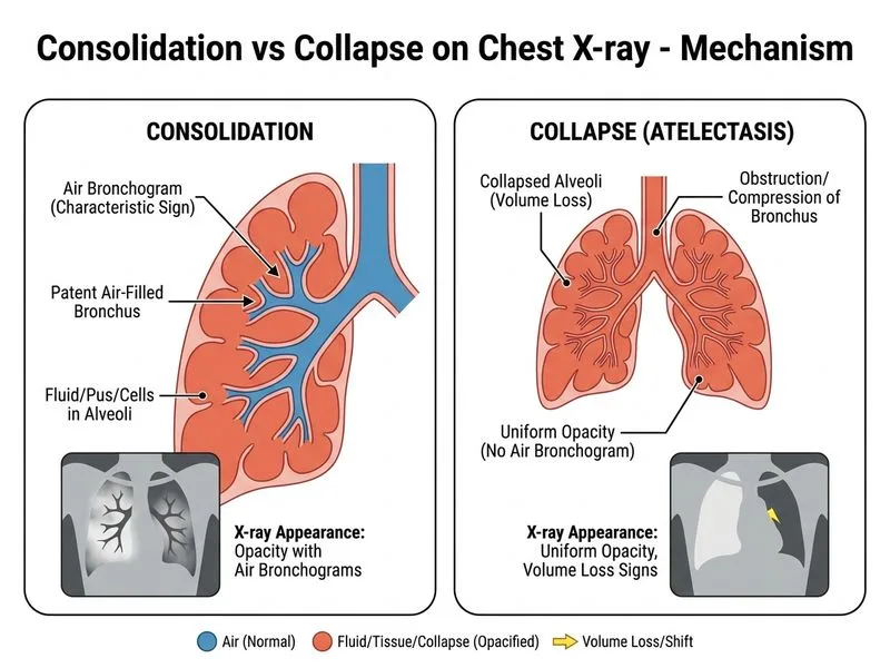 Consolidation vs Collapse on Chest X-ray diagram
