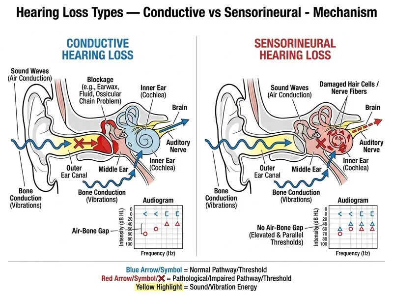 Hearing Loss Types — Conductive vs Sensorineural diagram