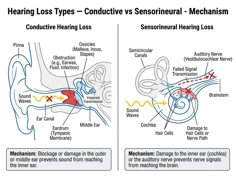 Hearing Loss Types — Conductive vs Sensorineural diagram