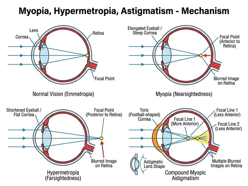Myopia, Hypermetropia, Astigmatism diagram