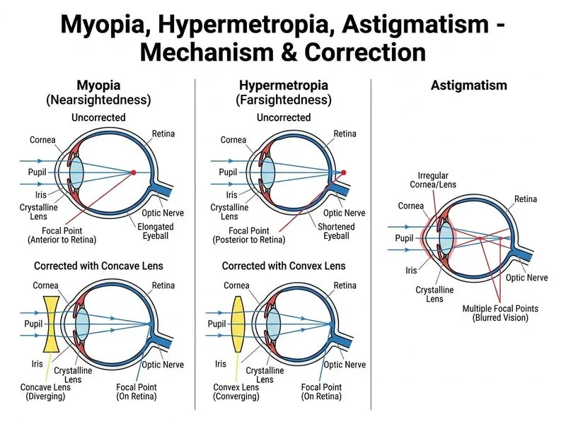 Myopia, Hypermetropia, Astigmatism diagram