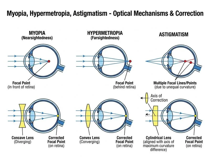 Myopia, Hypermetropia, Astigmatism diagram