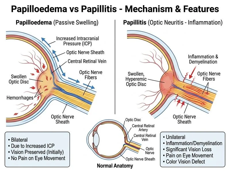 Papilloedema vs Papillitis diagram
