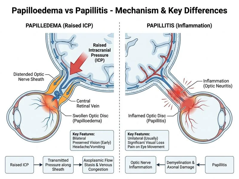 Papilloedema vs Papillitis diagram