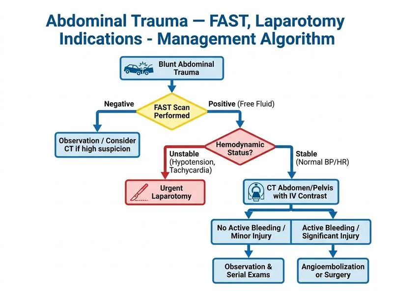 Abdominal Trauma — FAST, Laparotomy Indications diagram