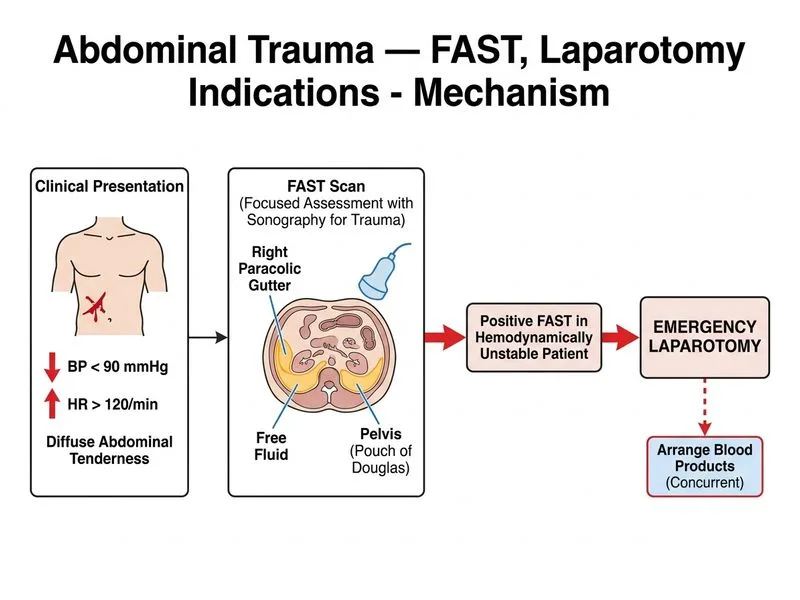 Abdominal Trauma — FAST, Laparotomy Indications diagram