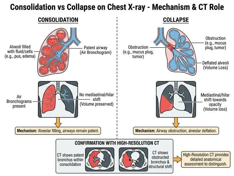 Consolidation vs Collapse on Chest X-ray diagram