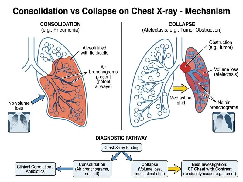 Consolidation vs Collapse on Chest X-ray diagram