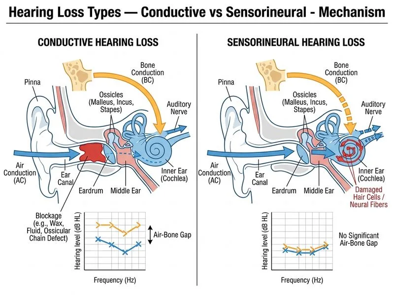 Hearing Loss Types — Conductive vs Sensorineural diagram