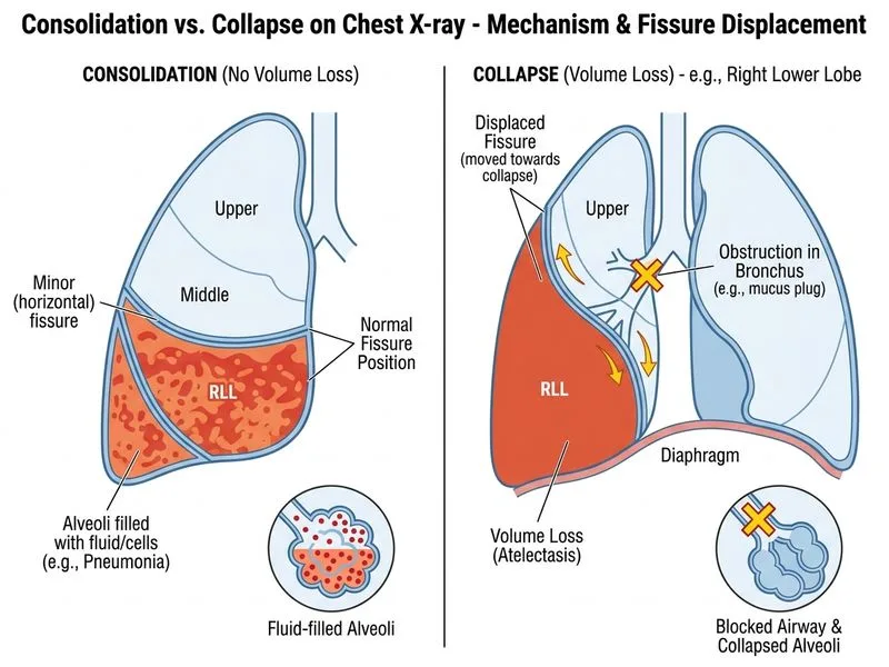 Consolidation vs Collapse on Chest X-ray diagram