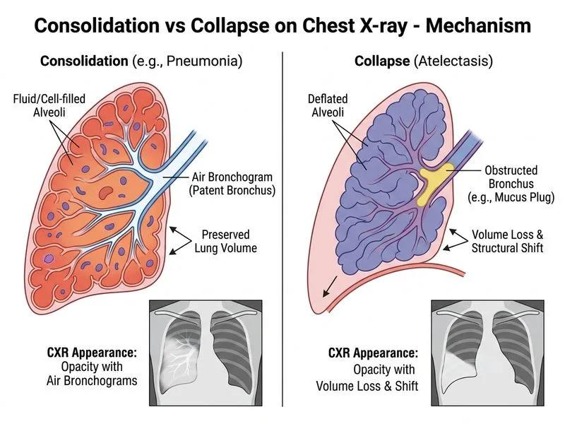 Consolidation vs Collapse on Chest X-ray diagram
