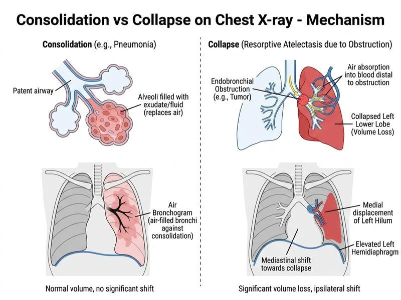 Consolidation vs Collapse on Chest X-ray diagram