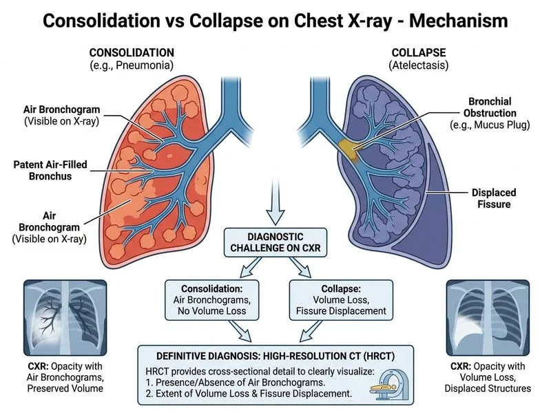 Consolidation vs Collapse on Chest X-ray diagram