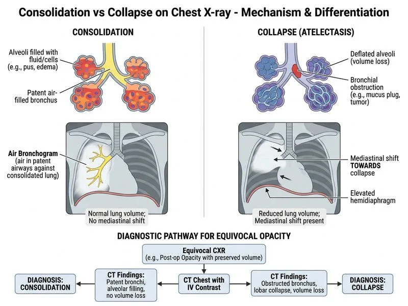 Consolidation vs Collapse on Chest X-ray diagram