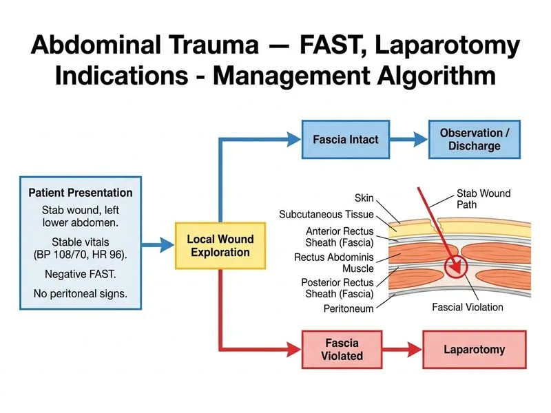 Abdominal Trauma — FAST, Laparotomy Indications diagram
