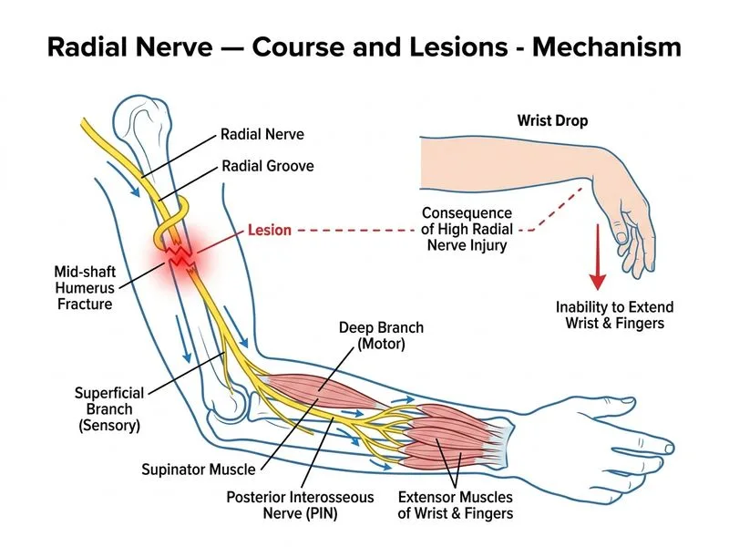 Radial Nerve — Course and Lesions diagram