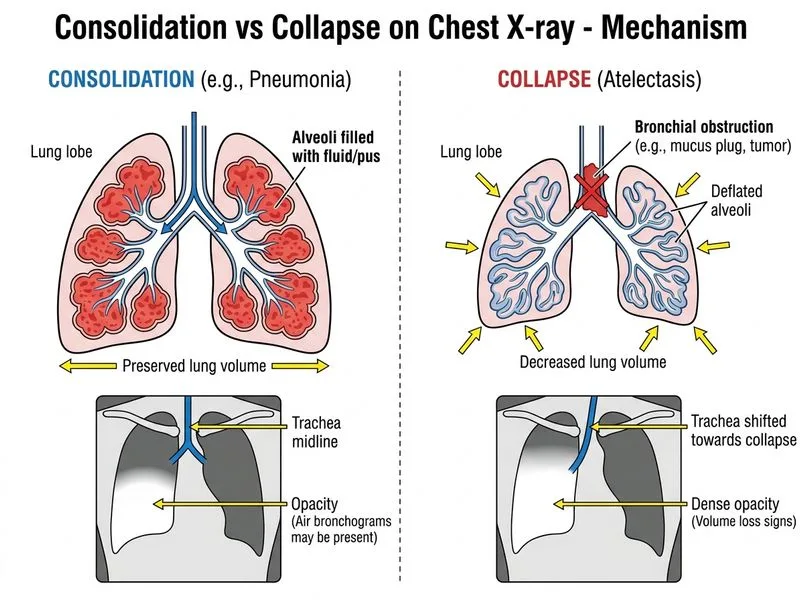 Consolidation vs Collapse on Chest X-ray diagram