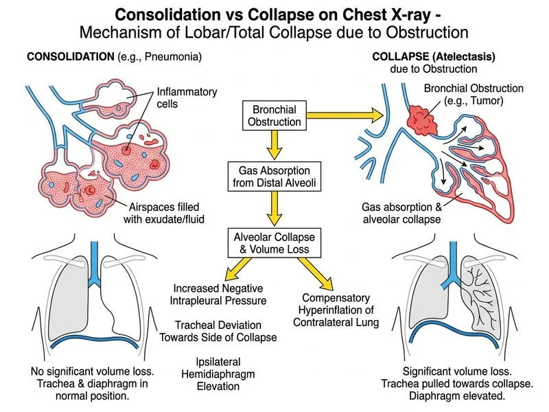 Consolidation vs Collapse on Chest X-ray diagram