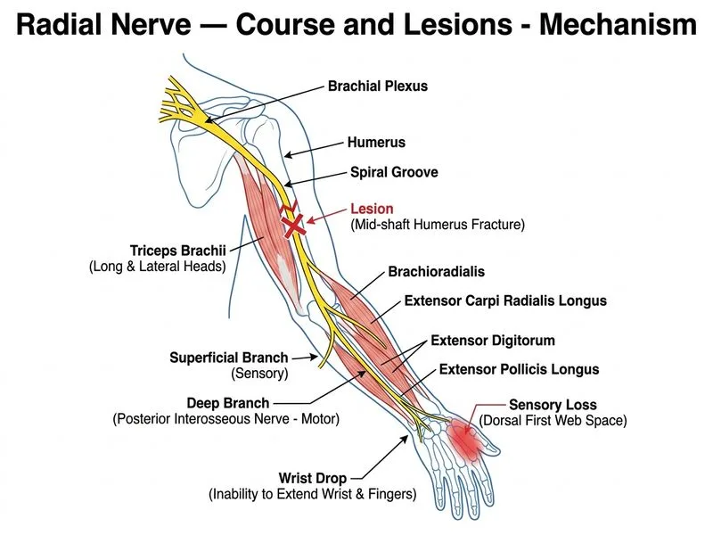 Radial Nerve — Course and Lesions diagram