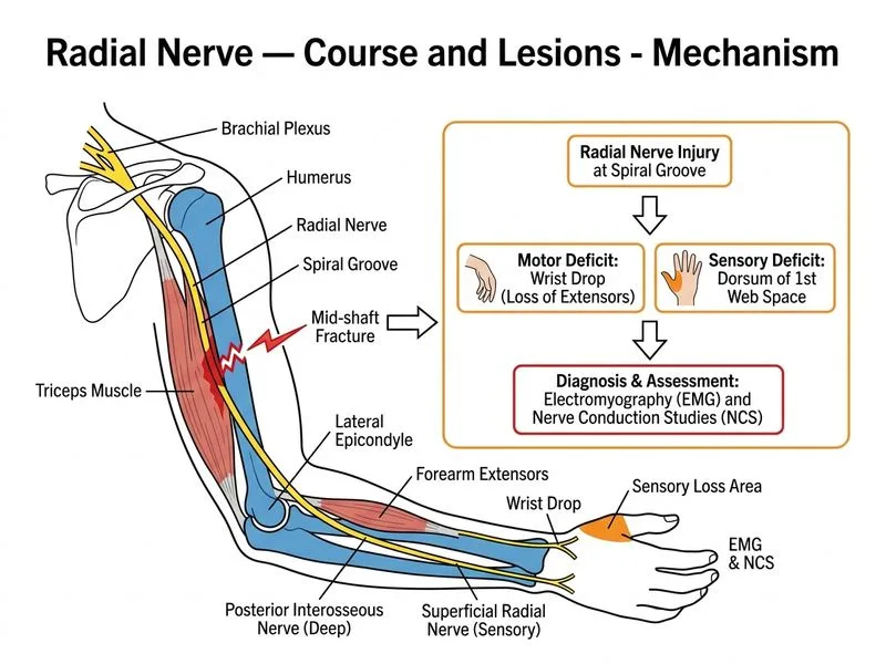 Radial Nerve — Course and Lesions diagram